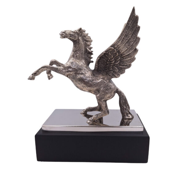 Pegasus – dekorative Aluminiumfigur auf einem Stahl- und Holzsockel – NI9935