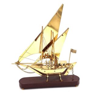 Messingschiff auf Holzsockel 43 cm – Maritime Deko