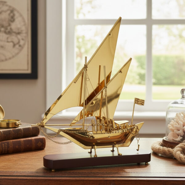 Messingschiff auf Holzsockel 43 cm – Maritime Deko
