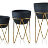 Pflanzgefäß Set SWEN mit Metallständern – 3 Blumentöpfe Schwarz-Gold