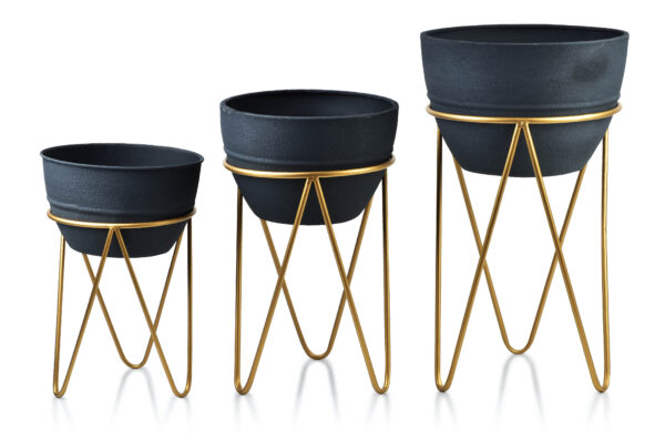 Pflanzgefäß Set SWEN mit Metallständern – 3 Blumentöpfe Schwarz-Gold