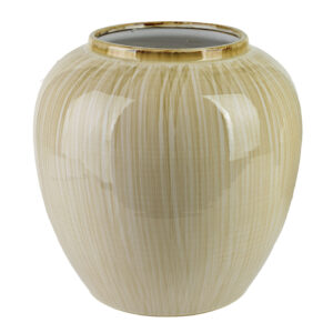 Cremefarbene Keramikvase mit Rillen – 33 cm Cremefarbene Keramikvase mit vertikalen Rillen, bauchiger Form und goldfarbenem Rand, 33 cm hoch