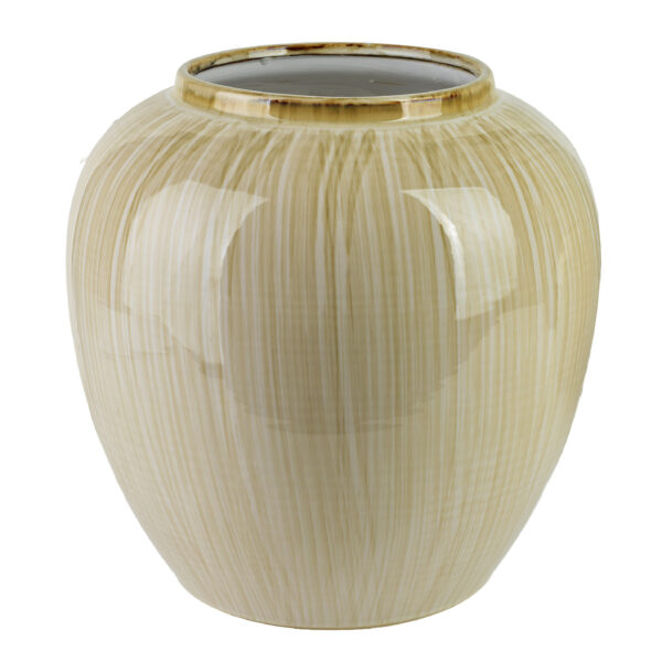 Cremefarbene Keramikvase mit Rillen – 33 cm Cremefarbene Keramikvase mit vertikalen Rillen, bauchiger Form und goldfarbenem Rand, 33 cm hoch