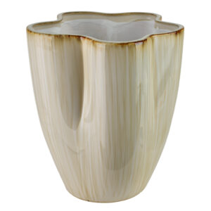 Cremefarbene Vase mit Wellenrand – 25,5 cm Cremefarbene Vase mit gewelltem Rand, vertikaler Rillenstruktur und goldfarbenen Akzenten, 25,5 cm hoch