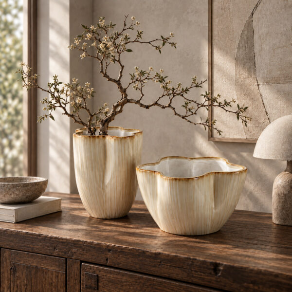 Cremefarbener Übertopf – Elegante Wohnraumdekoration Cremefarbene Übertöpfe mit Wellenrand und goldfarbenen Akzenten als elegante Dekoration auf einer Konsole