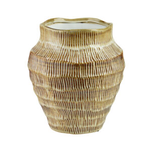 Beige Keramikvase mit Reliefstruktur und braunen Akzenten, 28 cm hoch