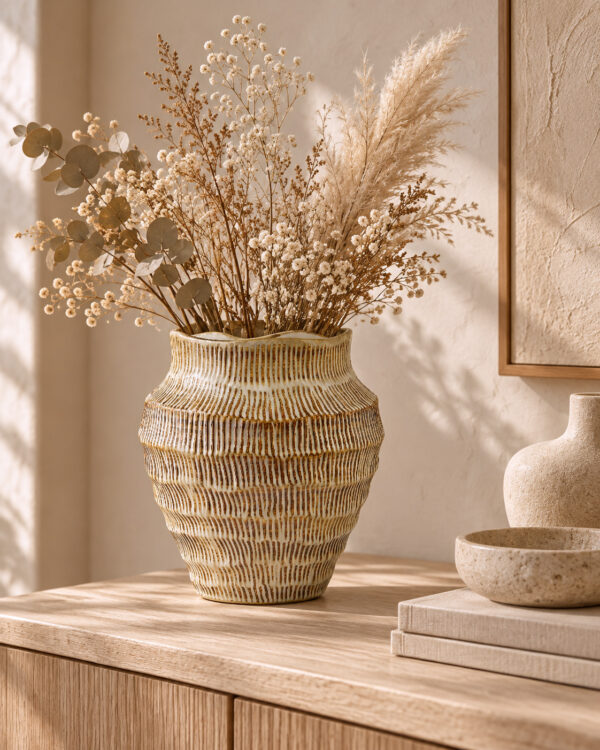 Beige Keramikvase mit Relief und Trockenblumen auf einer hellen Konsole