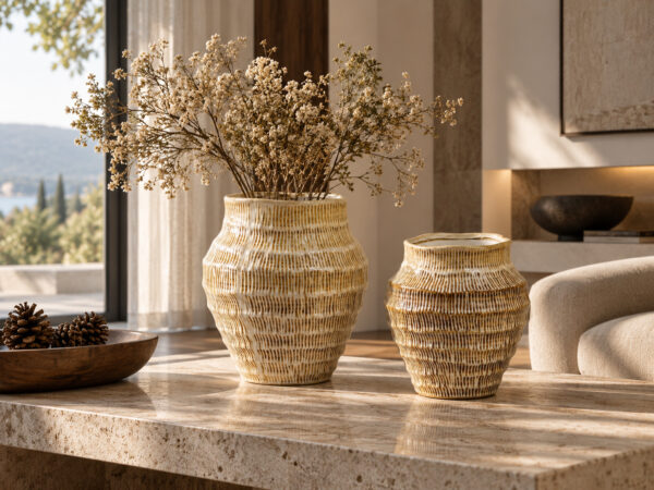 Beige Keramikvase mit Relief und Trockenblumen als elegante Dekoration im Wohnraum