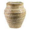 Beige Keramikvase mit vertikalen Rillen und braunen Akzenten, 34 cm hoch
