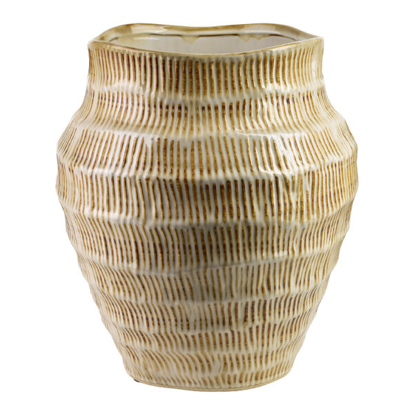 Beige Keramikvase mit vertikalen Rillen und braunen Akzenten, 34 cm hoch