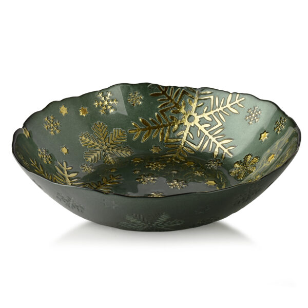 Weihnachtsschale Grün Gold – Exklusive Glasschale mit Schneeflocken 31 cm