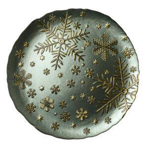 Weihnachtsteller Grün Gold – Eleganter Glasteller mit Schneeflocken 33 cm