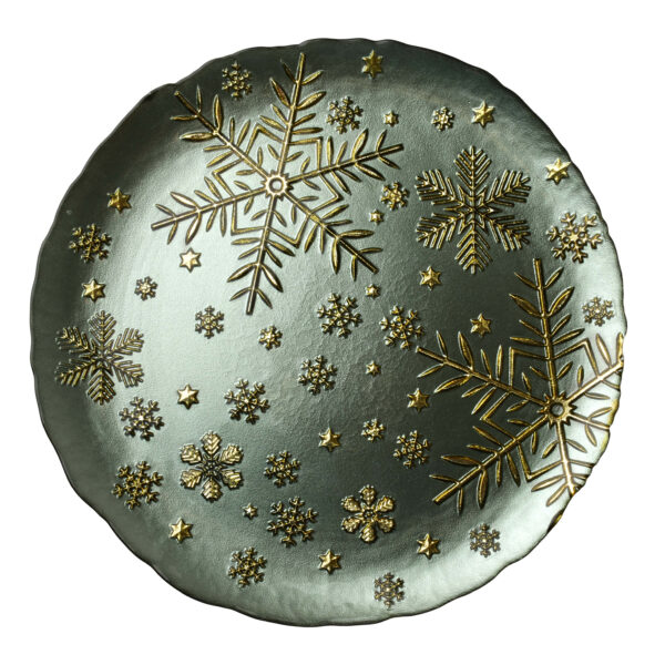 Weihnachtsteller Grün Gold – Eleganter Glasteller mit Schneeflocken 33 cm