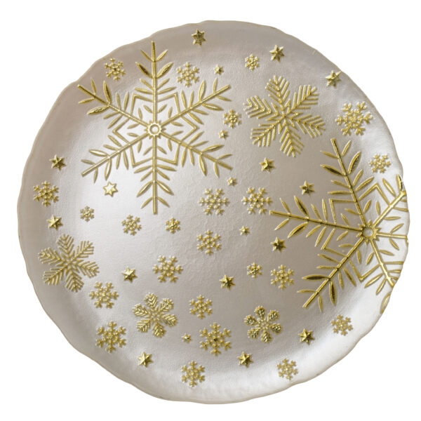 Weihnachtsteller aus Glas mit goldenen Schneeflocken Weihnachtsteller aus Glas mit goldenen Schneeflocken