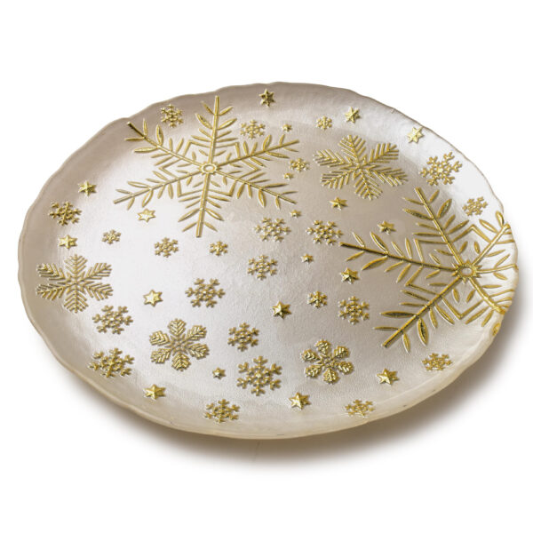 Weihnachtsteller aus Glas mit goldenen Schneeflocken – Elegant 33 cm