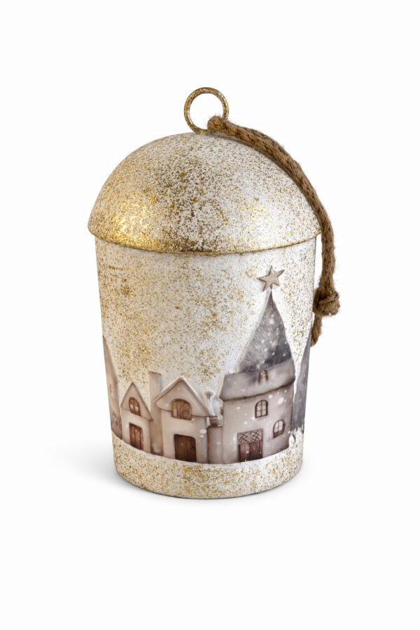 Goldene Metallglocke mit Winterdorf 25 cm
